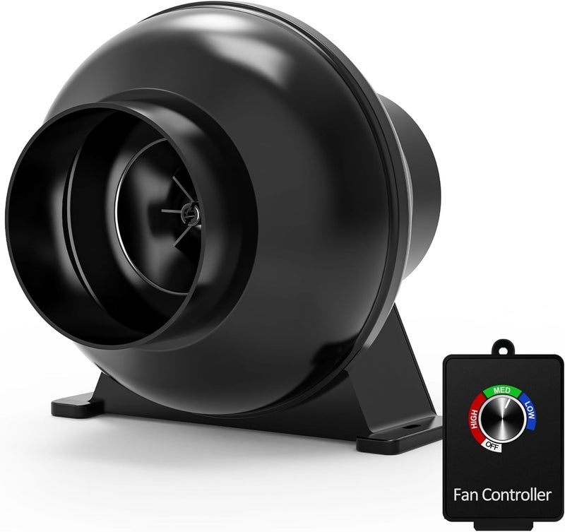Toolazy 4 Inch 195 CFM Inline Duct Ventilation Fan HVAC Vent Blower with Variable Speed Controller for Hydroponics Grow Tent, Black - Image 1
